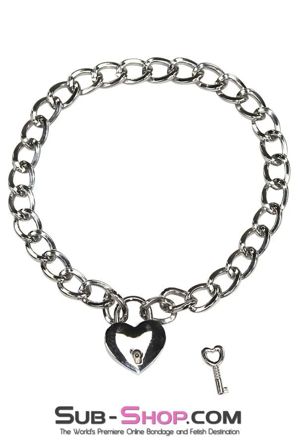 1855RS      Slave Pet 16” Locking Chrome Jeweled Chain Collar with Heart Padlock