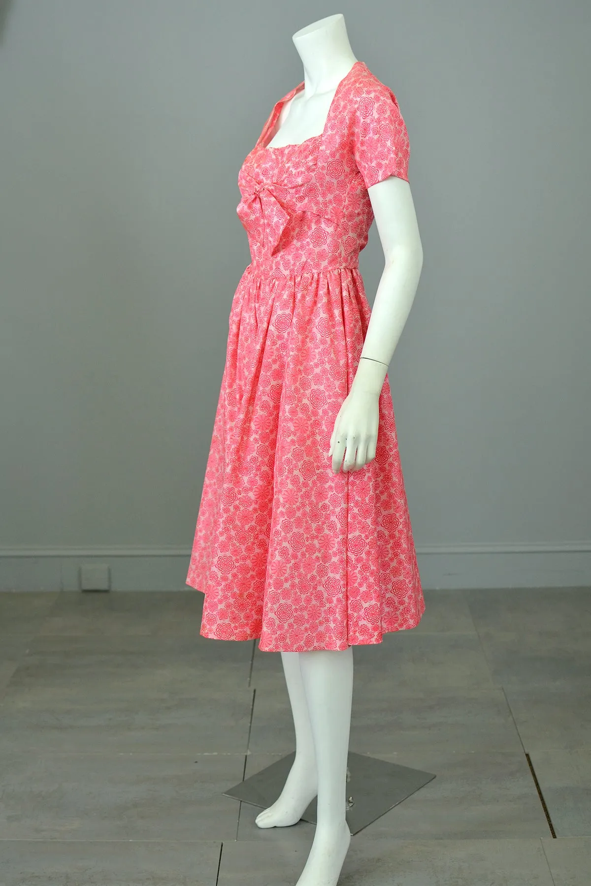 1950s Barbie Hot Pink Pinwheels Print Fit and Flare Party Dress with Attached Tie Front Shrug