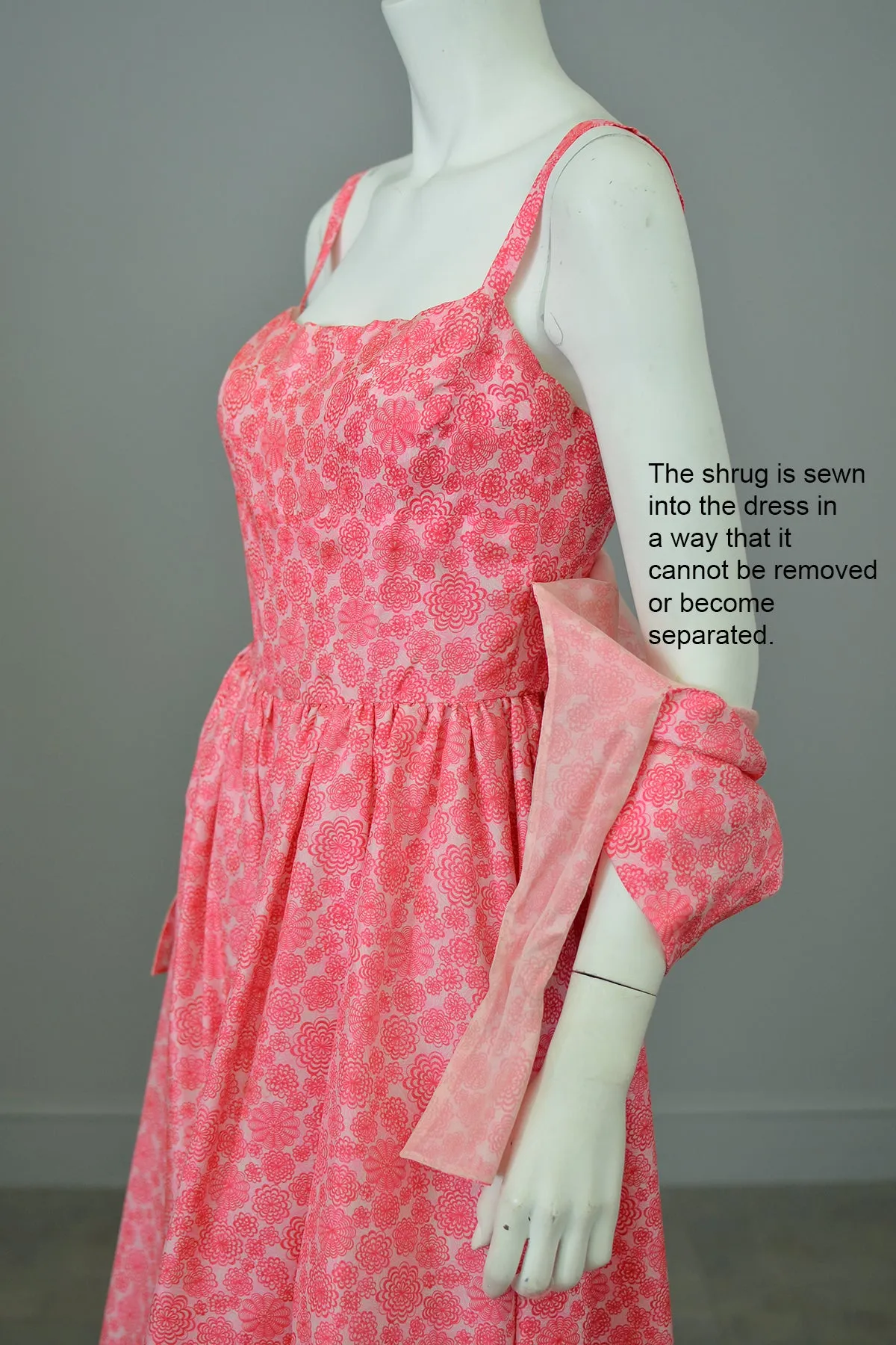 1950s Barbie Hot Pink Pinwheels Print Fit and Flare Party Dress with Attached Tie Front Shrug