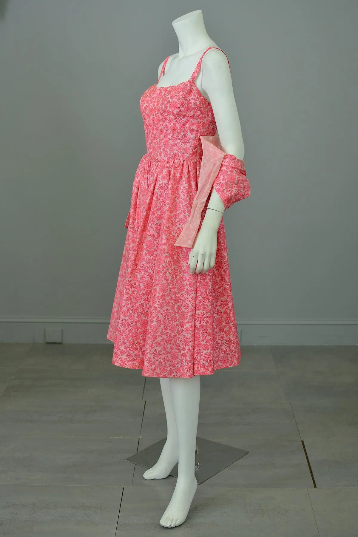 1950s Barbie Hot Pink Pinwheels Print Fit and Flare Party Dress with Attached Tie Front Shrug