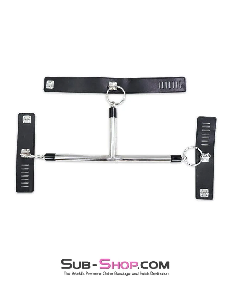 9083DL      Collar to Wrist Metal Bondage T-Bar with Locking Collar and Wrist Cuffs