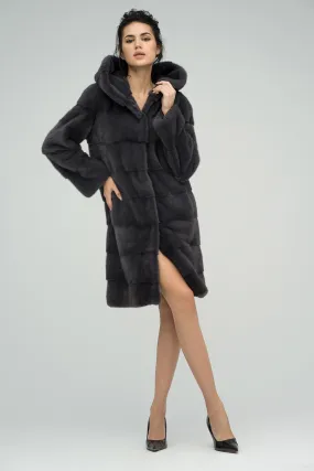 Anthracite Hooded Mink Fur Maxi Coat