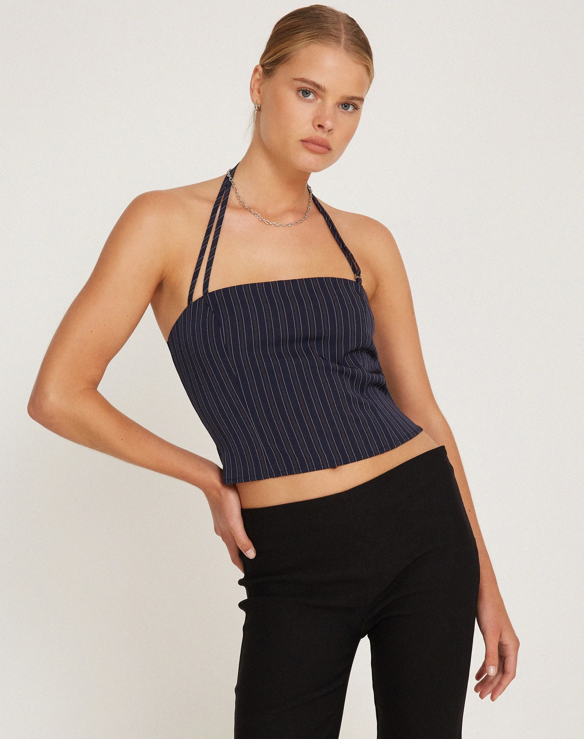 Arreta Crop Top in Pinstripe Navy