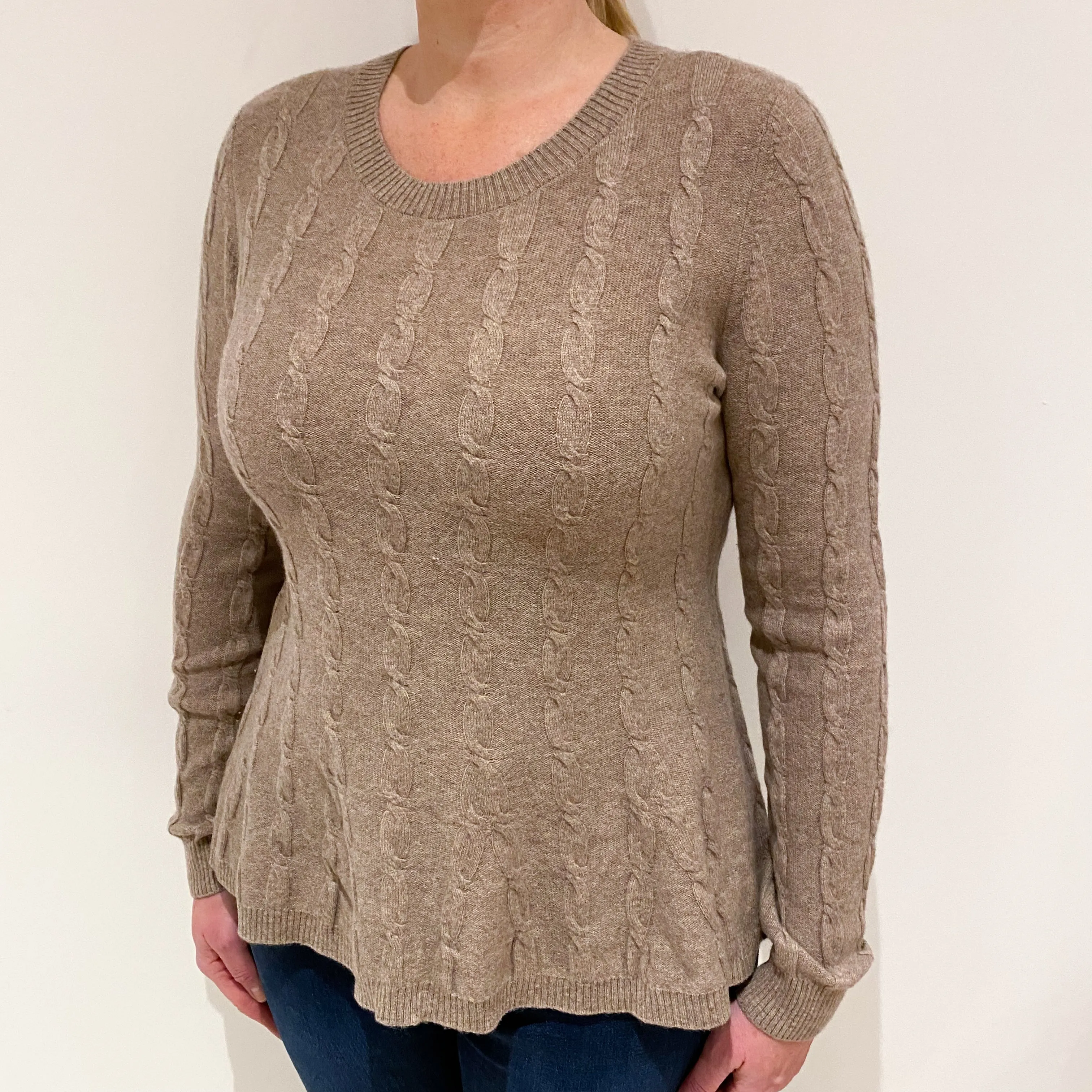 Biscuit Beige Cable Flared Cashmere Scoop Neck Jumper Large