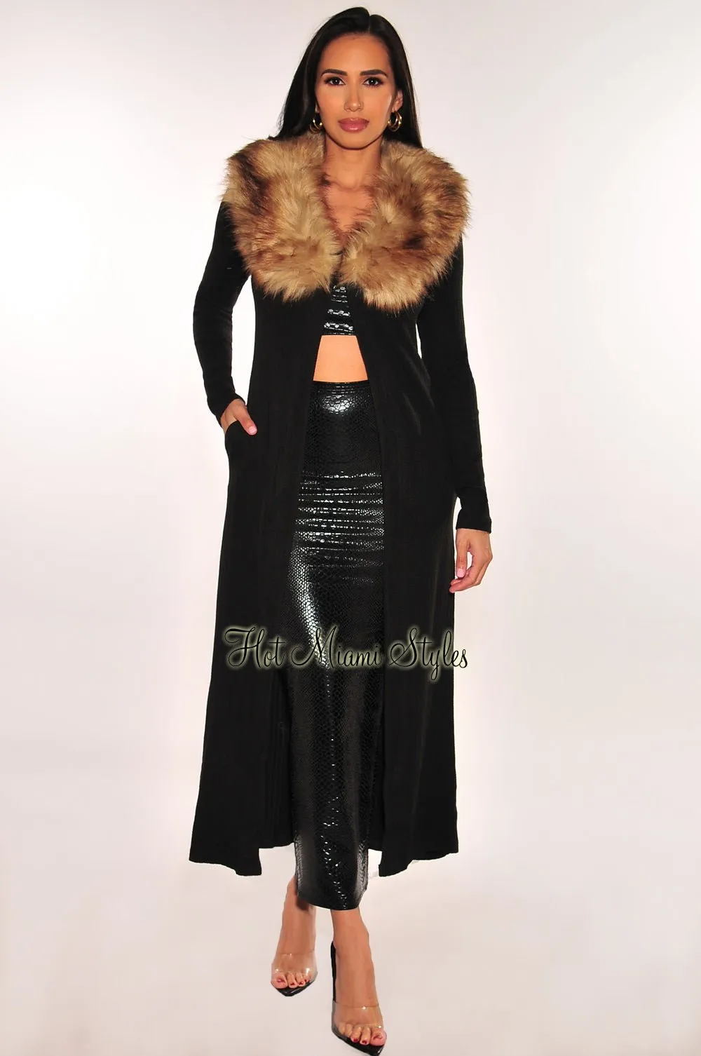 Black Ribbed Knit Faux Fur Collar Long Sleeves Duster Coat