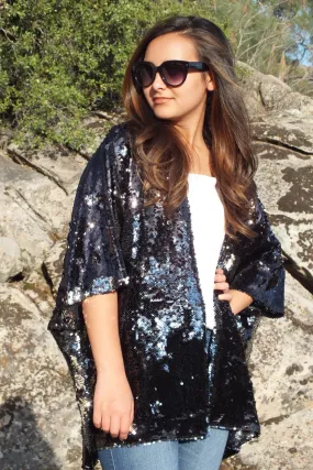 Black Silver Reversible Sequin Kimono Top