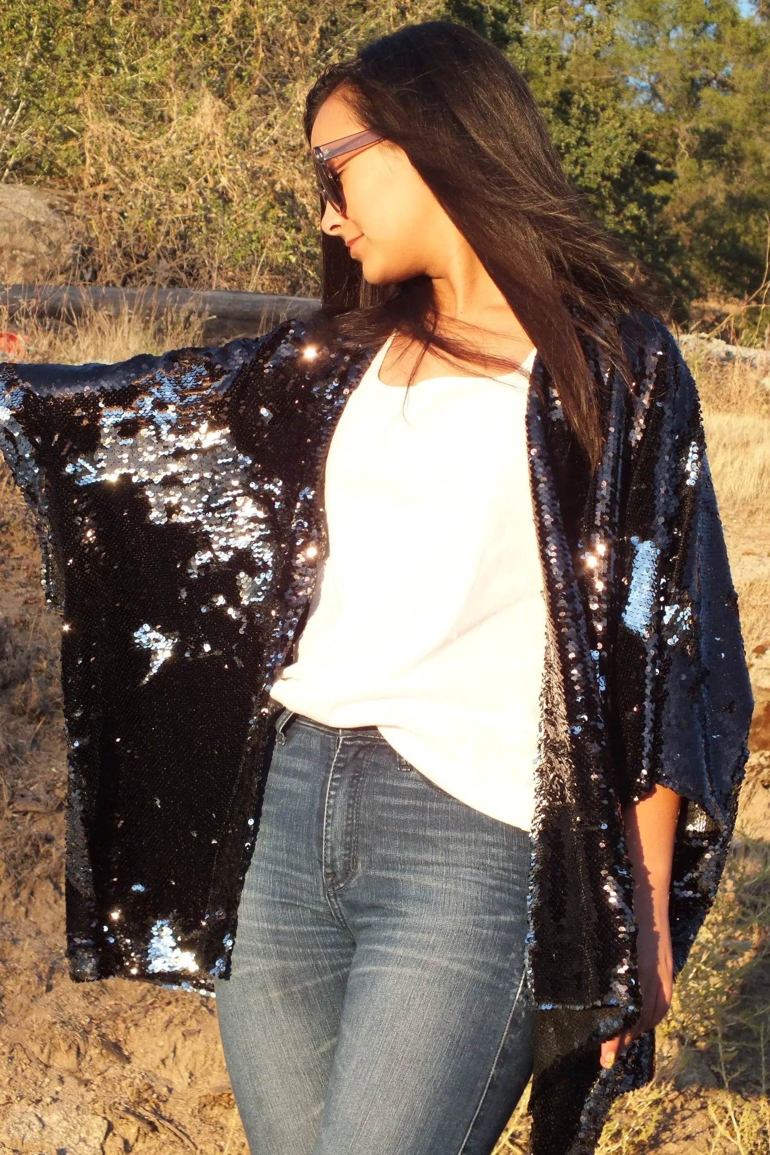 Black Silver Reversible Sequin Kimono Top