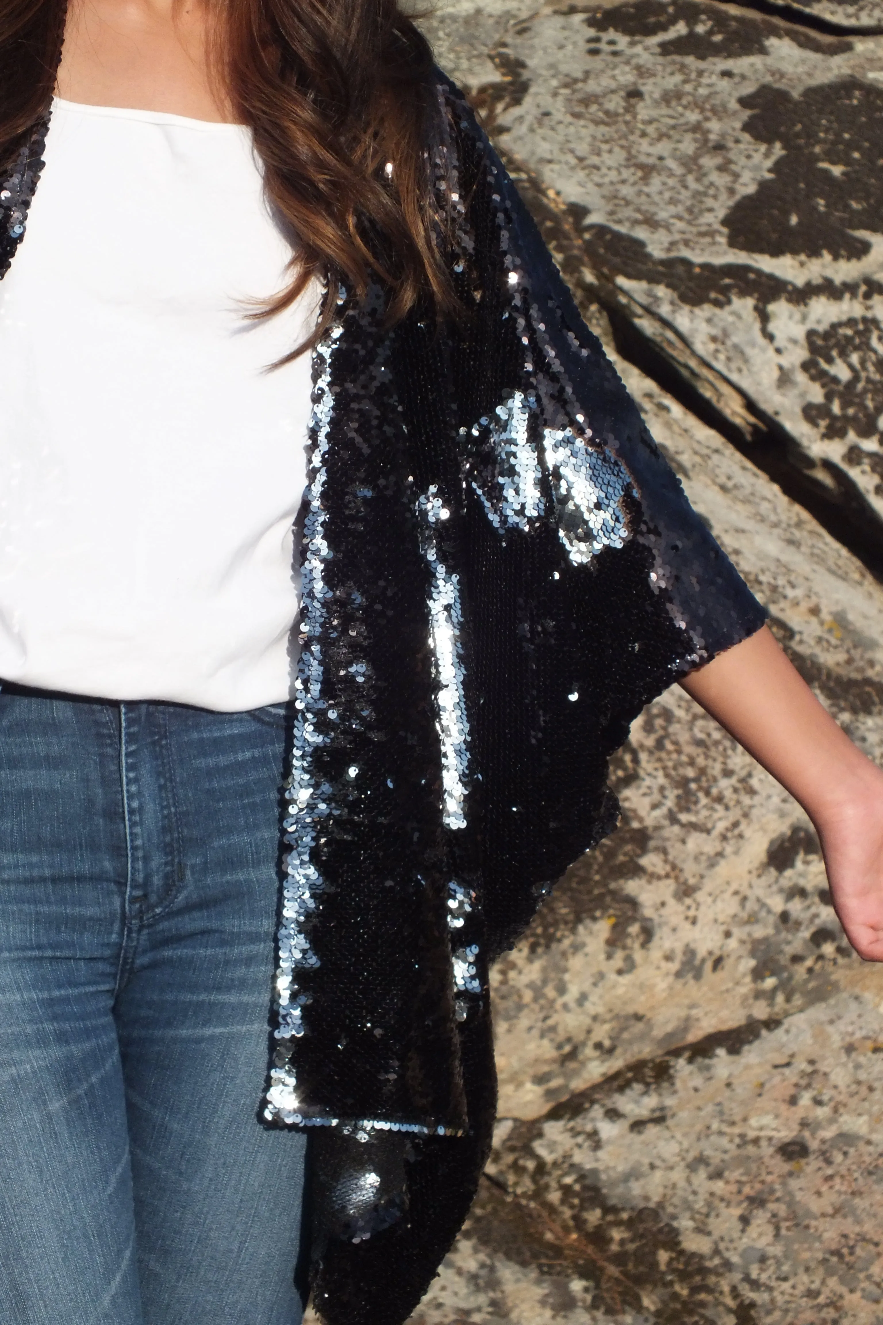 Black Silver Reversible Sequin Kimono Top