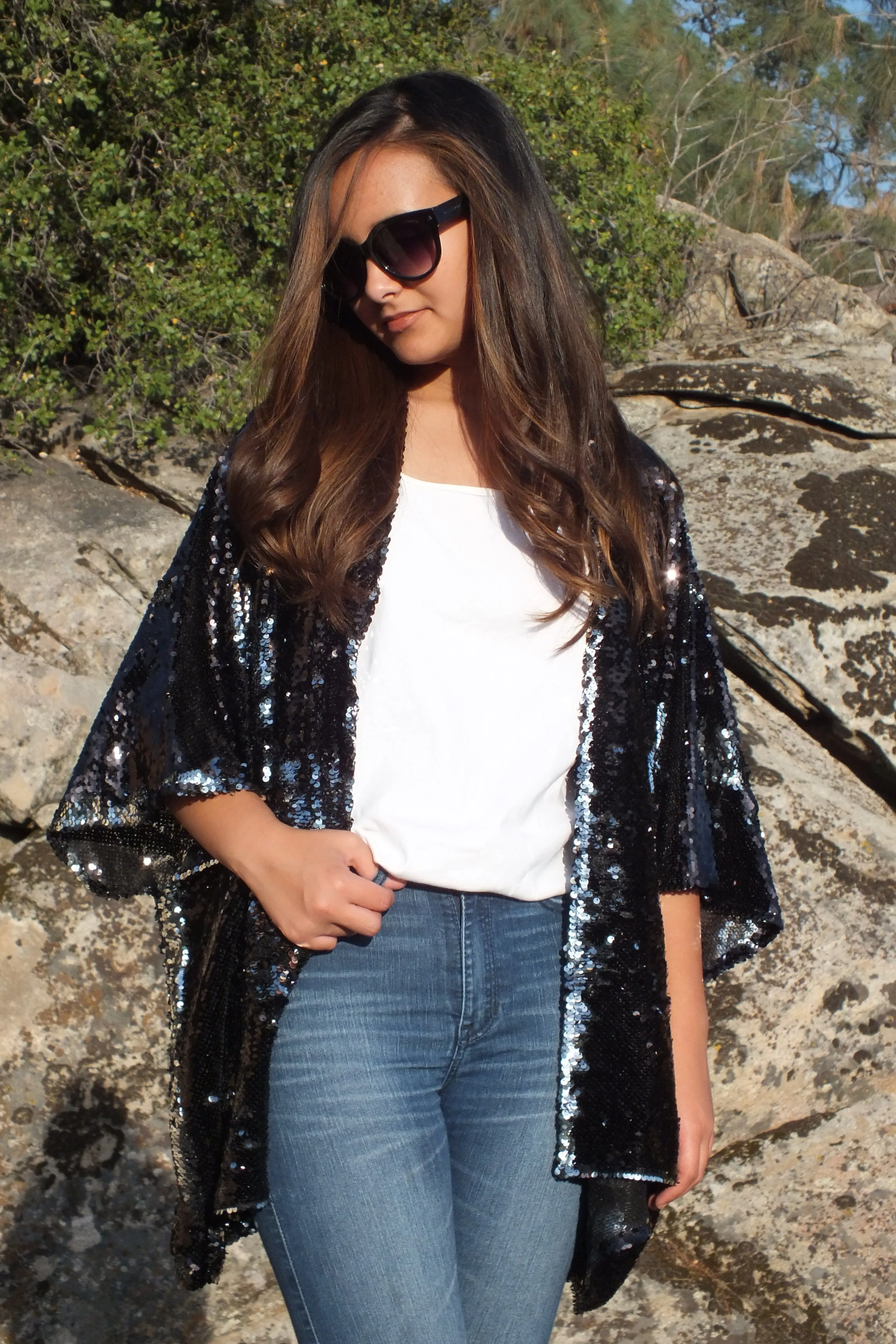 Black Silver Reversible Sequin Kimono Top