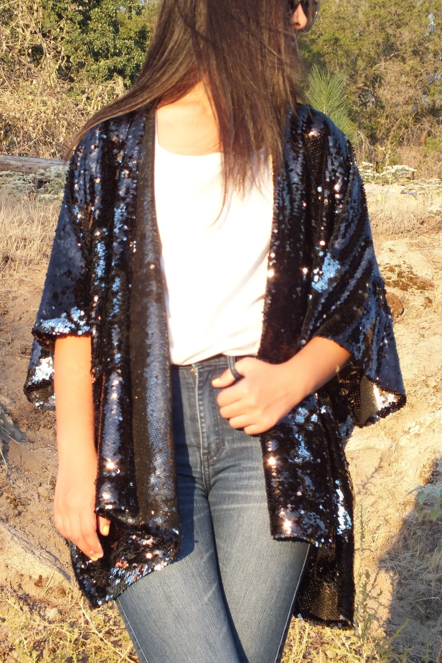 Black Silver Reversible Sequin Kimono Top