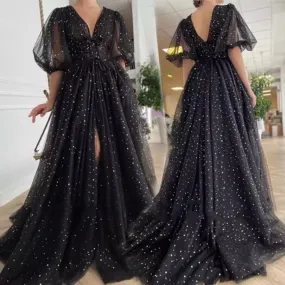 Black Tulle lace dress Black Dress Womens glitter Dress V-neckline Puff Sleeve Party Dress     fg2974