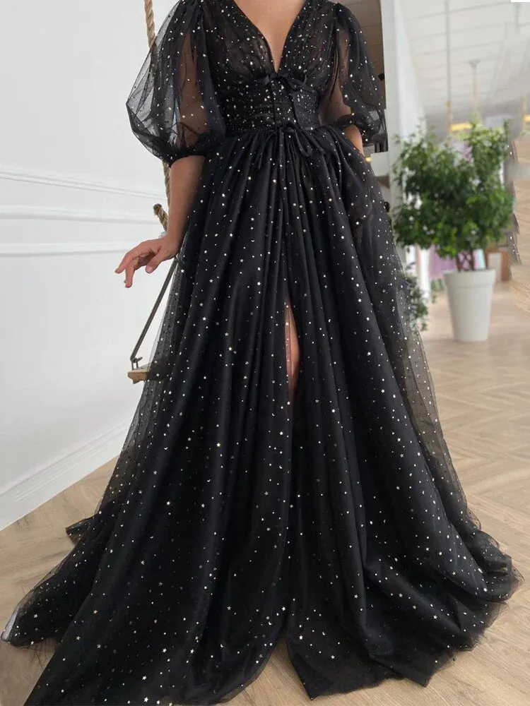 Black Tulle lace dress Black Dress Womens glitter Dress V-neckline Puff Sleeve Party Dress     fg2974