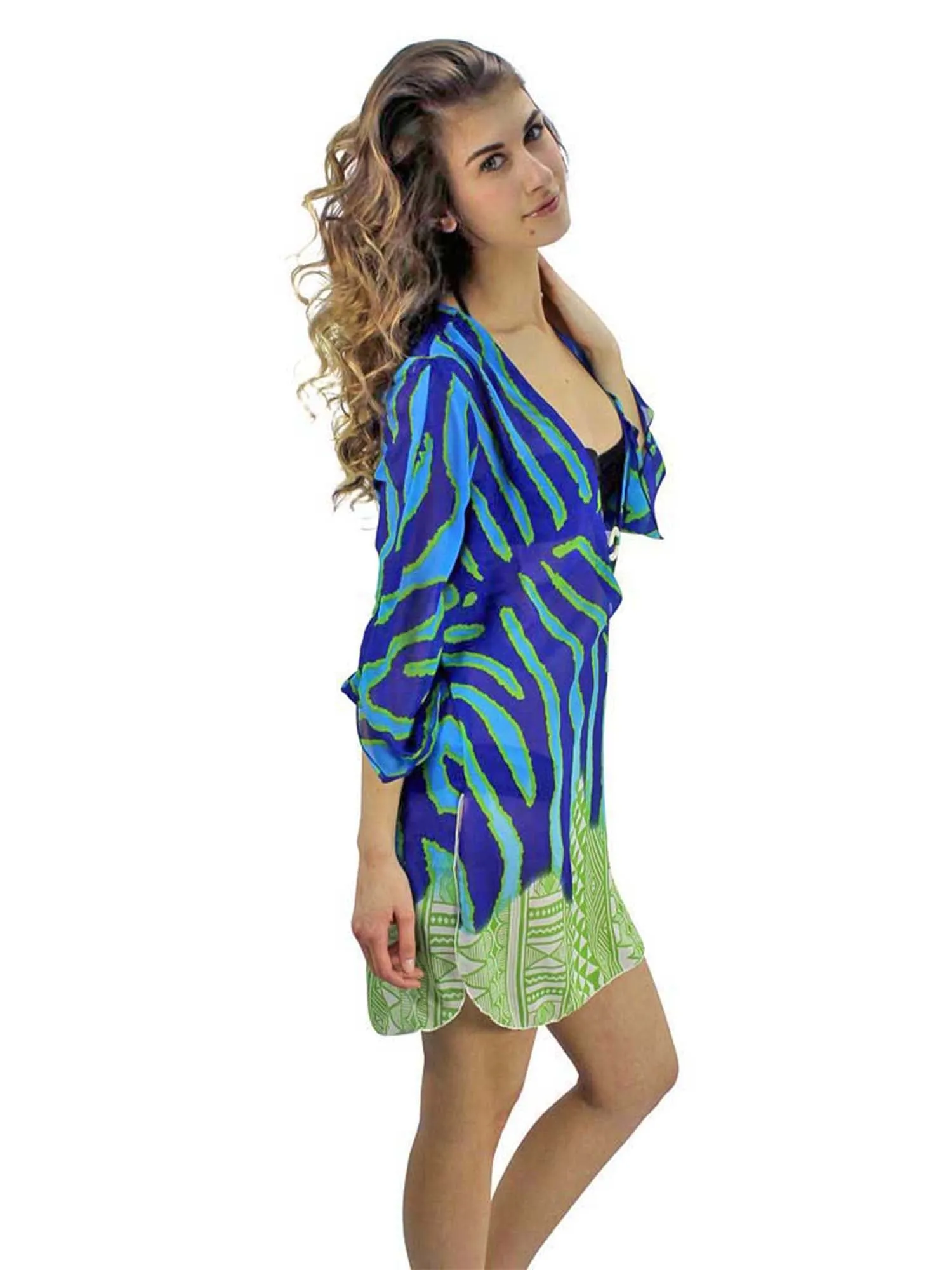 Blue & Green Wild Stripe Aztec Print Cover Up