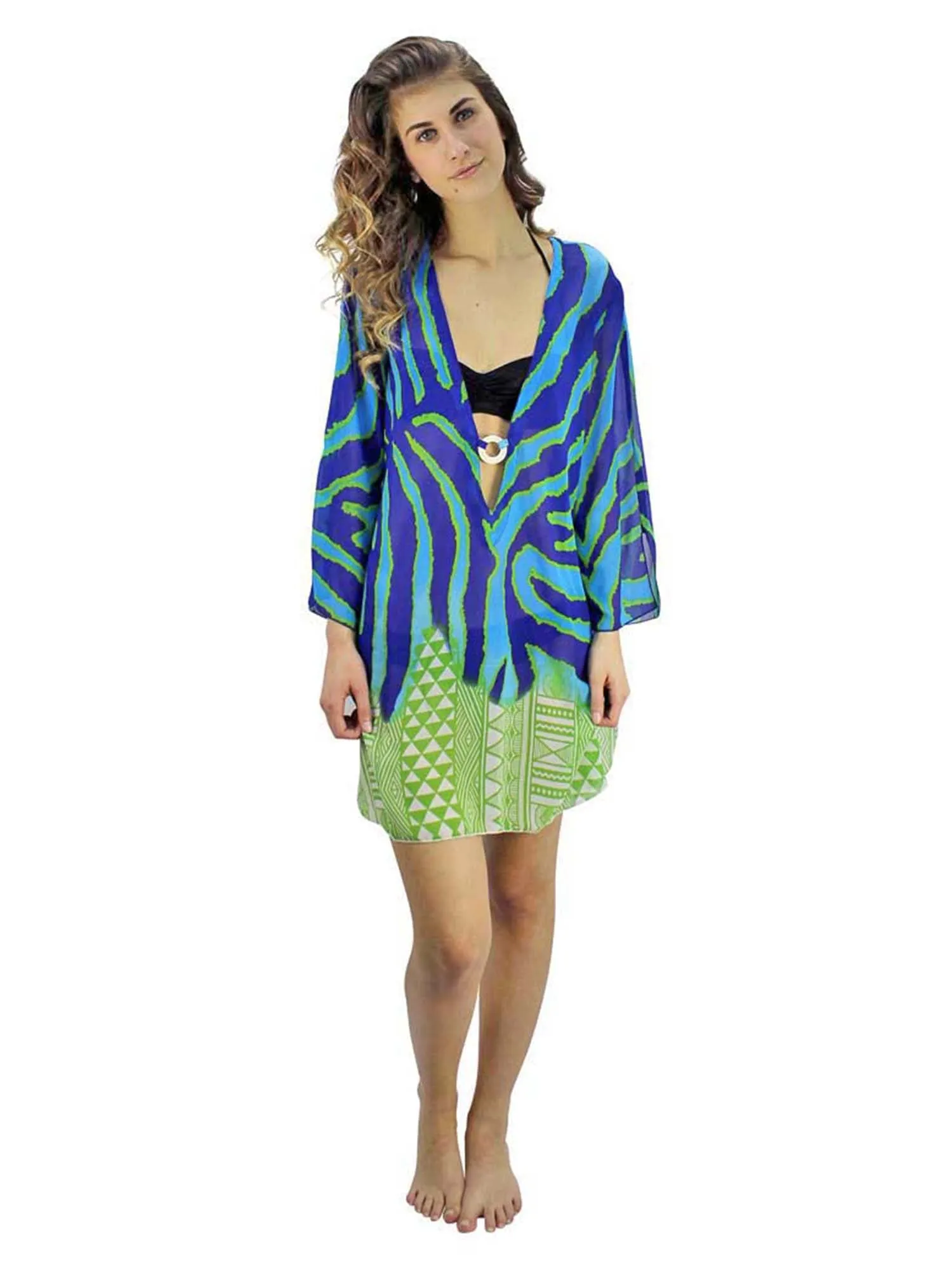 Blue & Green Wild Stripe Aztec Print Cover Up