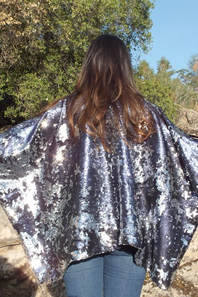 Blue Silver Reversible Sequin Jacket Kimono Top