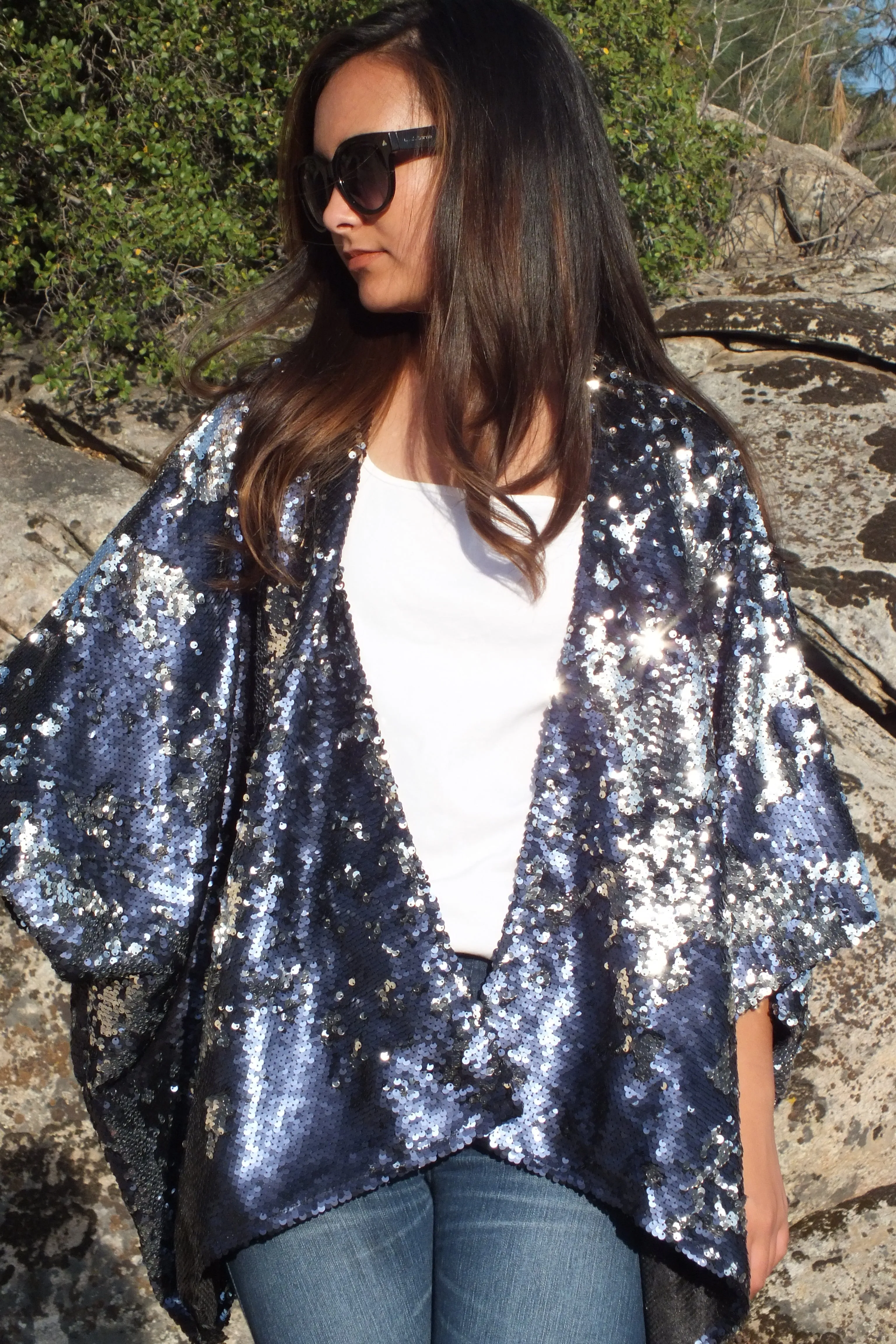 Blue Silver Reversible Sequin Jacket Kimono Top