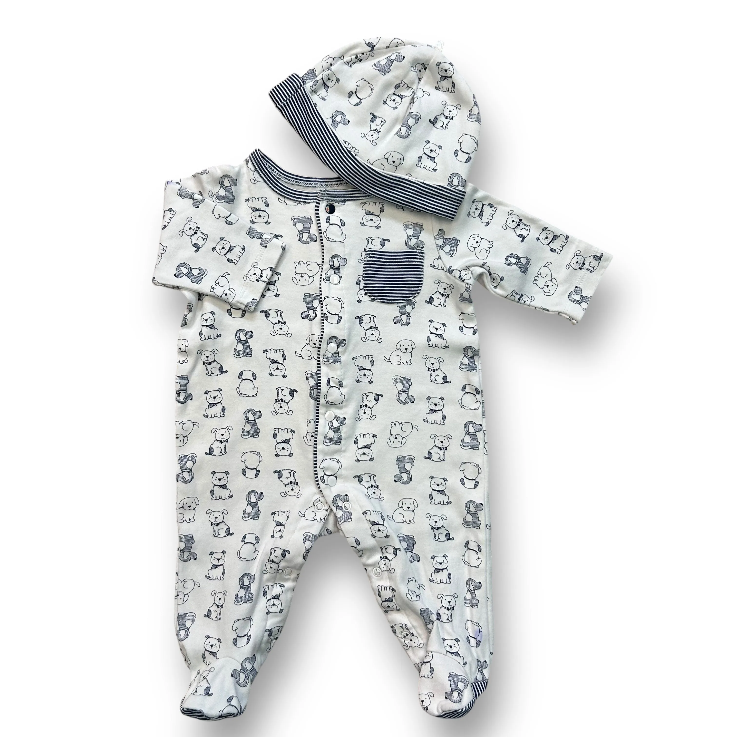 Boys Little Me Size 3 Months White & Navy Print Romper with Hat