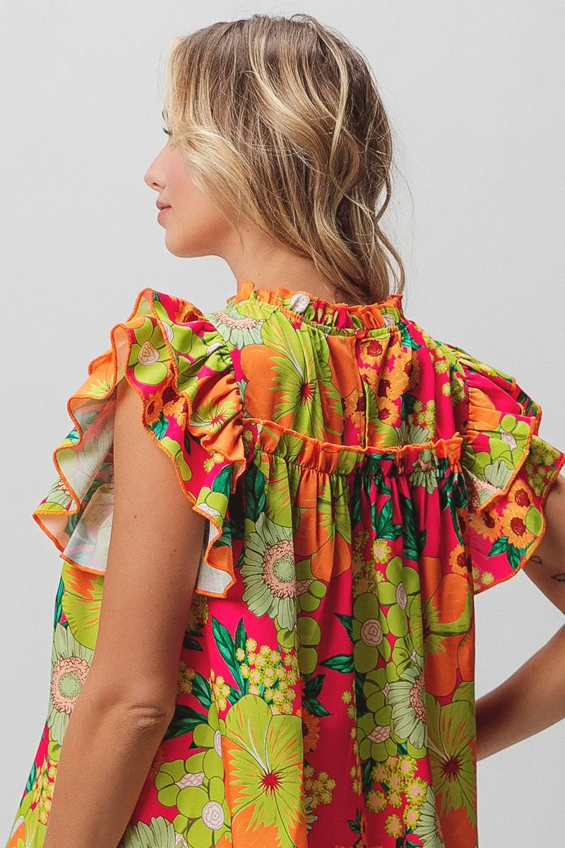 Bright Floral Ruffle Blouse