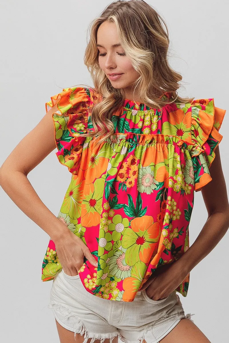 Bright Floral Ruffle Blouse