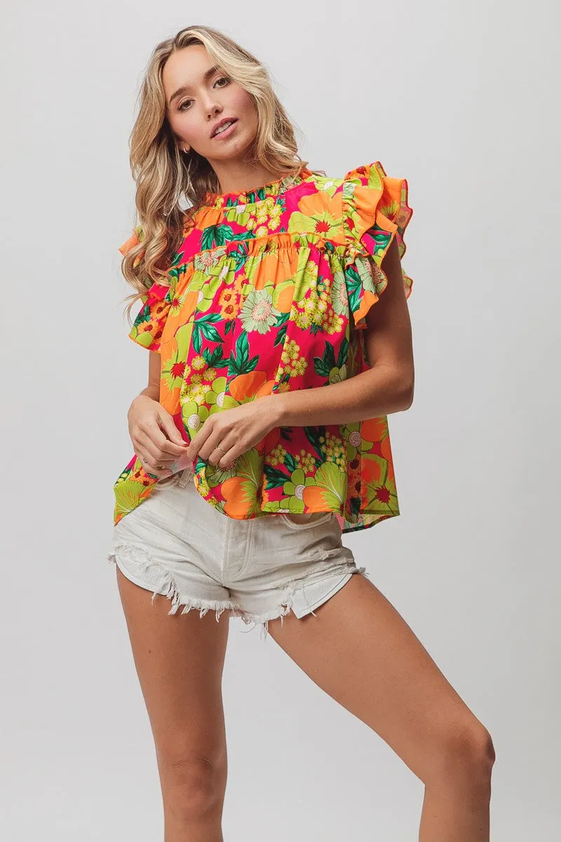 Bright Floral Ruffle Blouse