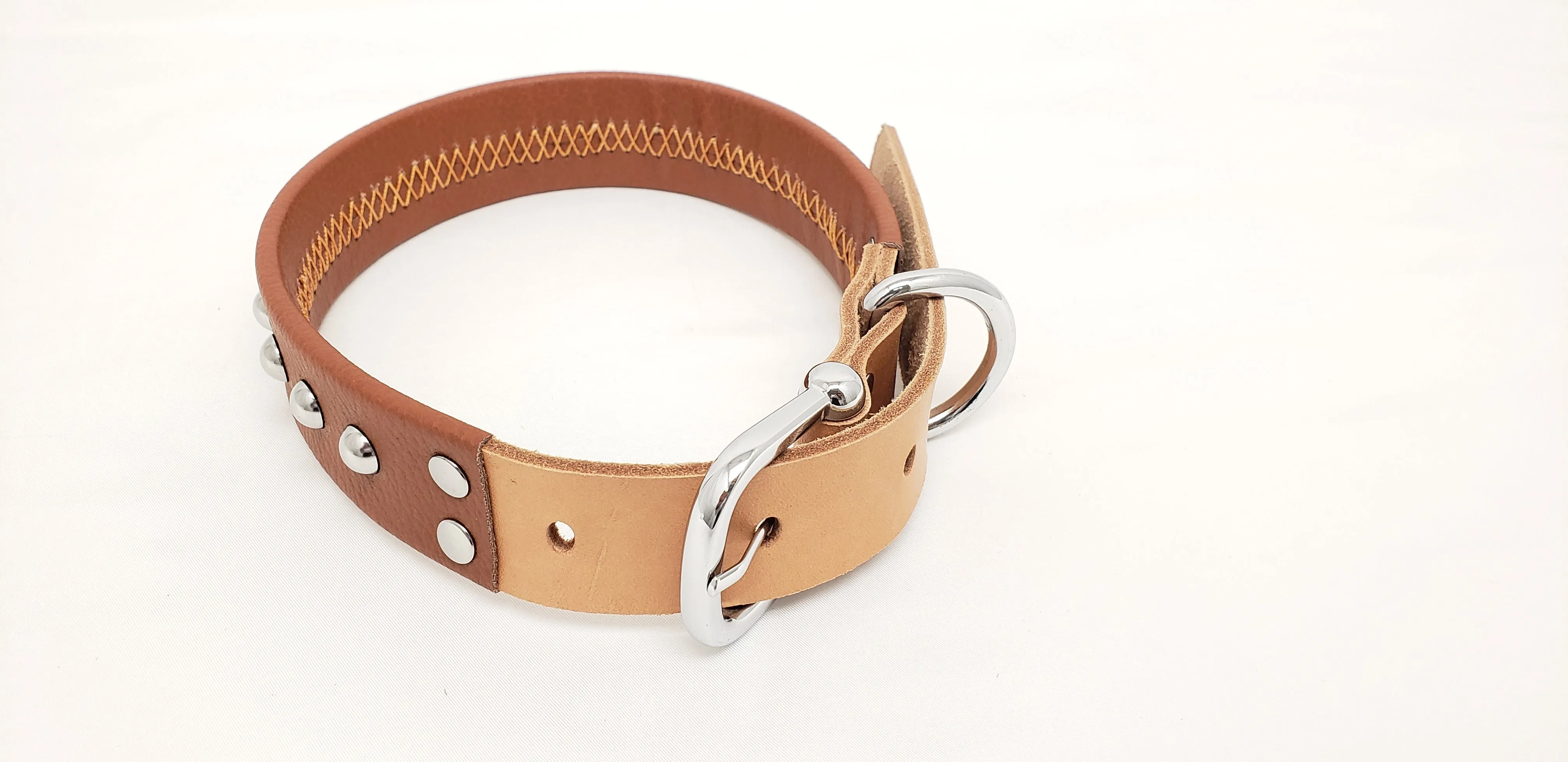 Brown Leather Dog Collar with Single Line of Silver Chrome Buttons - Tan - Medium