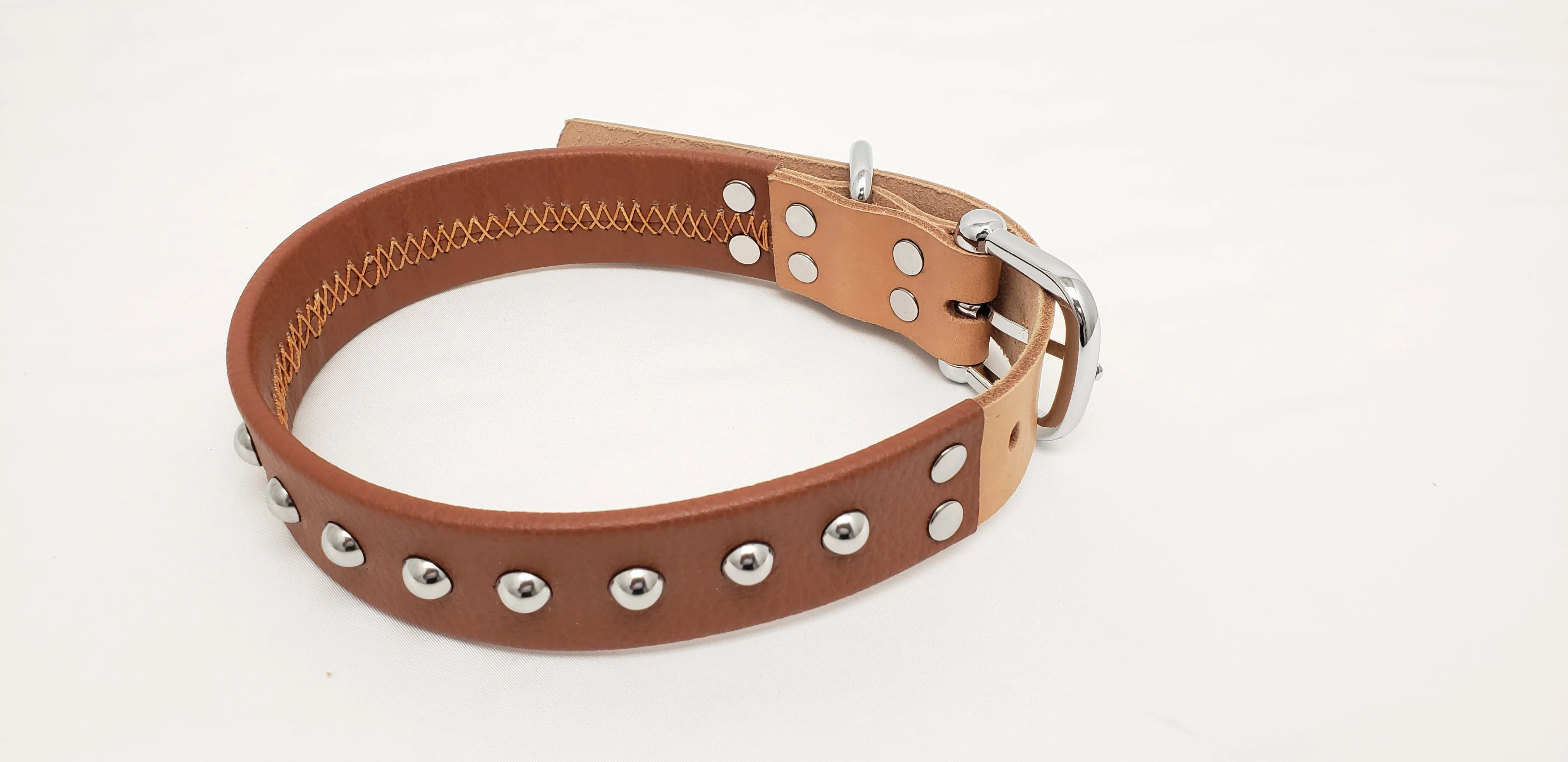 Brown Leather Dog Collar with Single Line of Silver Chrome Buttons - Tan - Medium