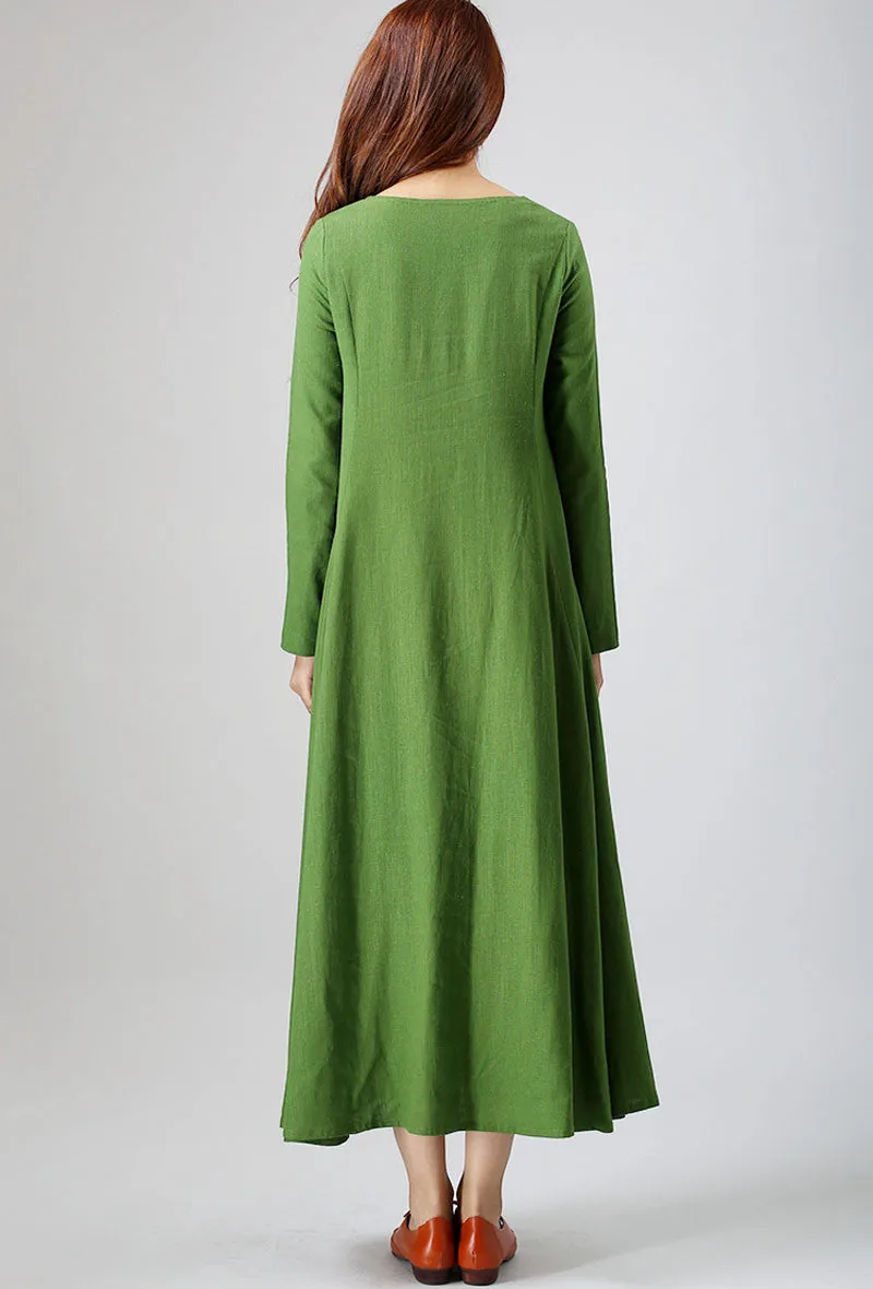 Casual dress woman green linen dress (789)