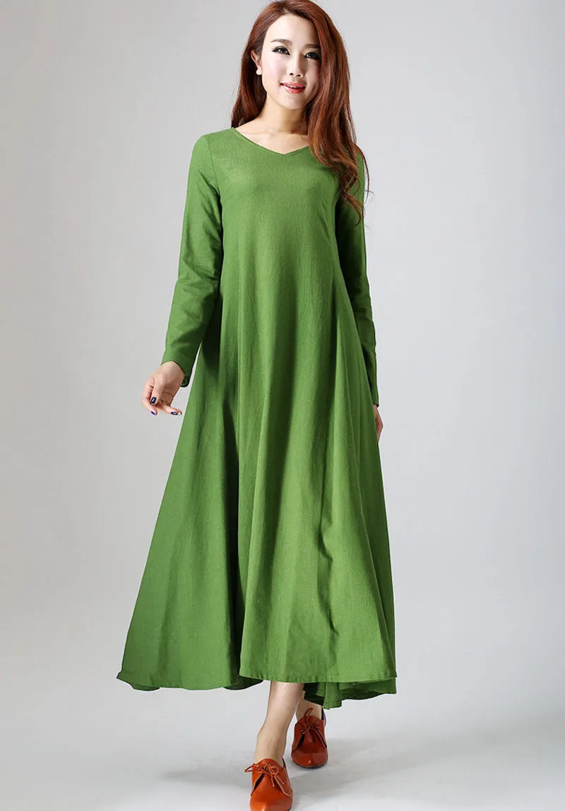 Casual dress woman green linen dress (789)