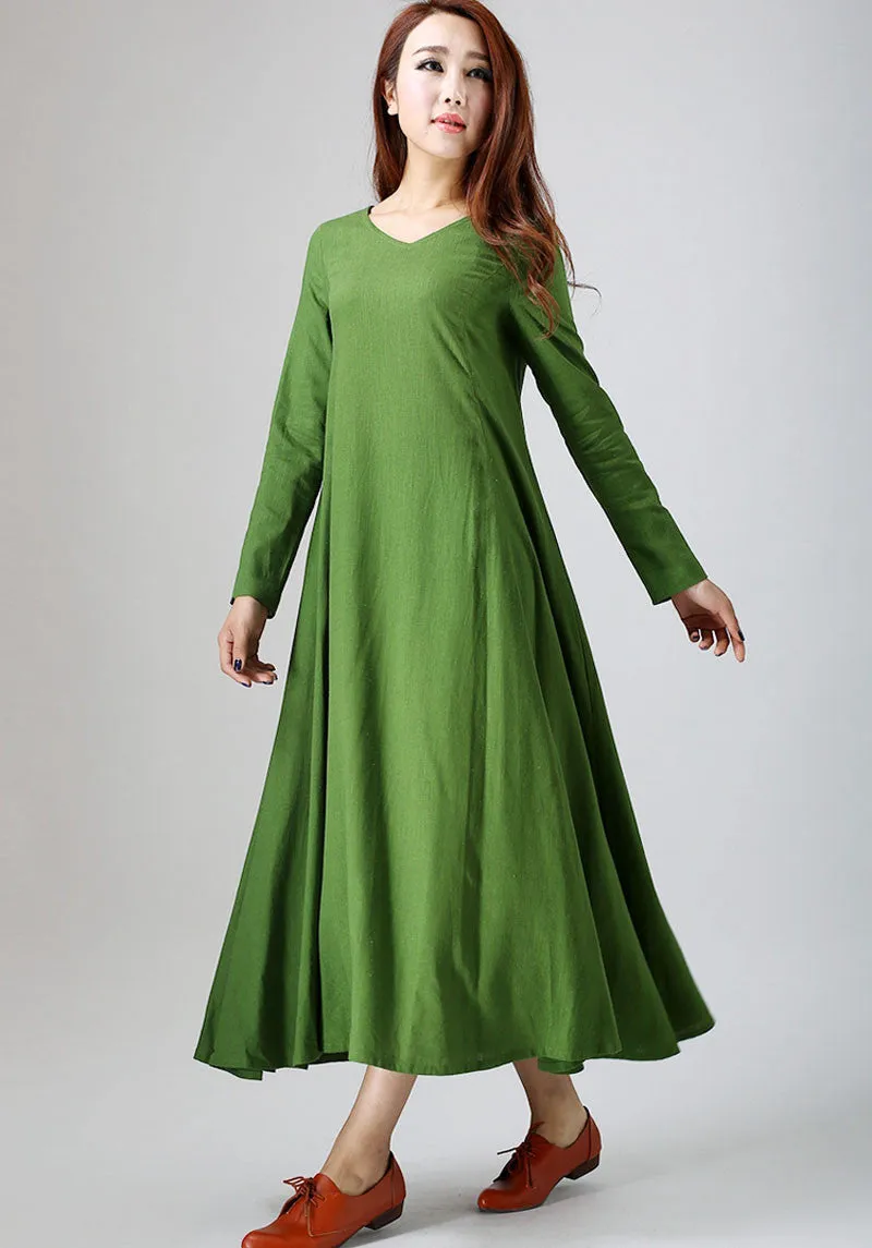 Casual dress woman green linen dress (789)