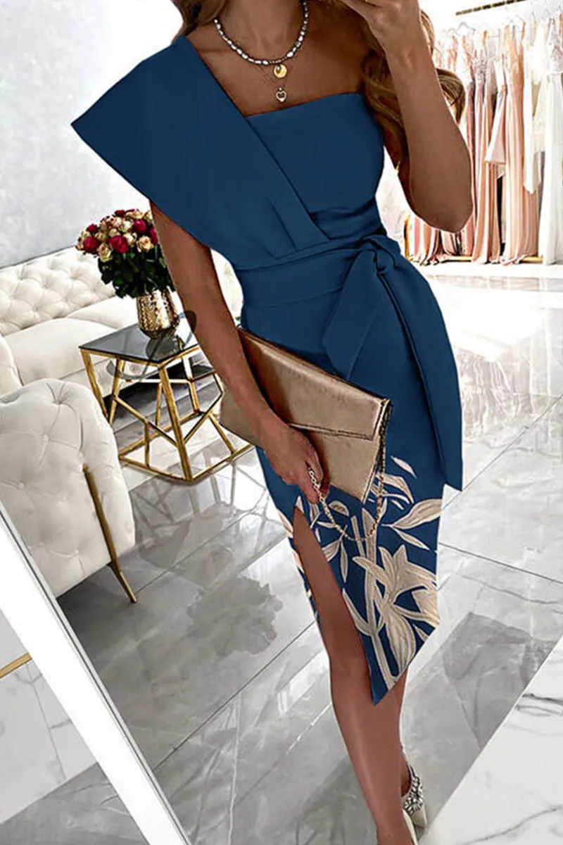 Casual Print Split Joint One Shoulder Pencil Skirt Dresses(3 colors)