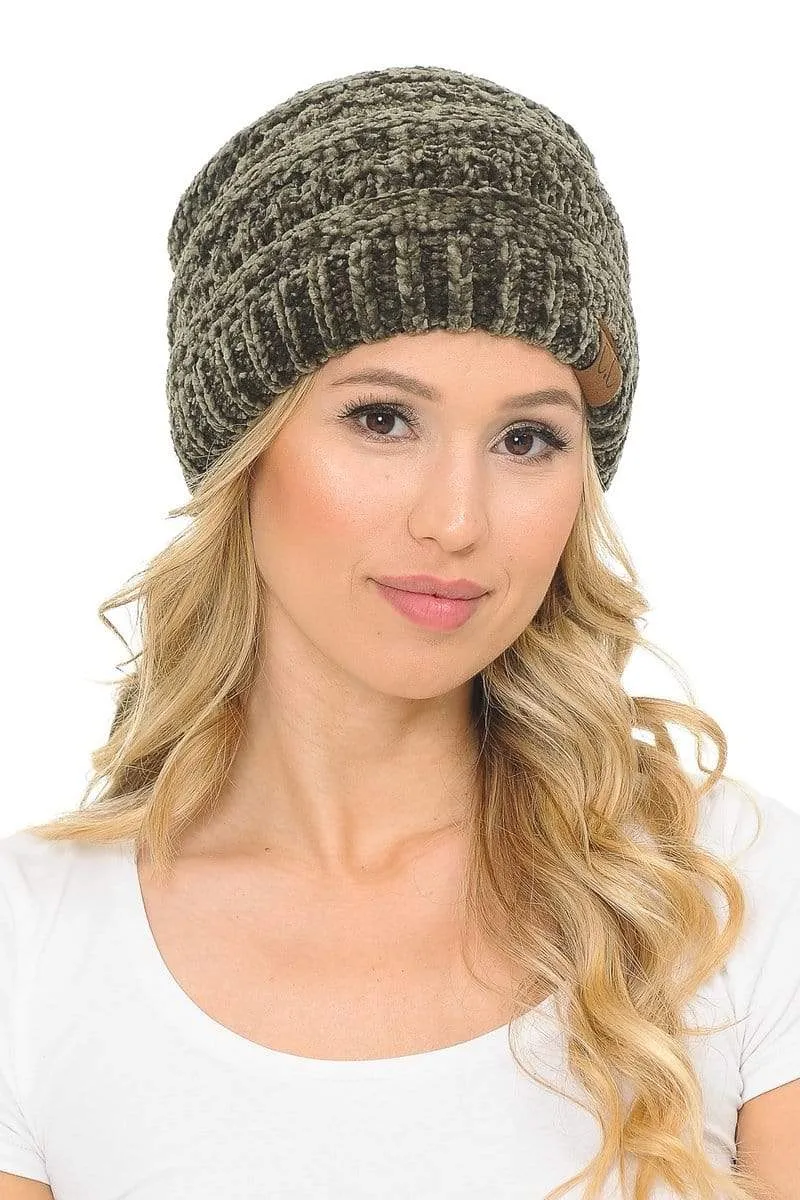 C.C Hat 30 - Chenille Textured Soft Stretchy Warm Thick Cap Hat Cable Knit Beanie