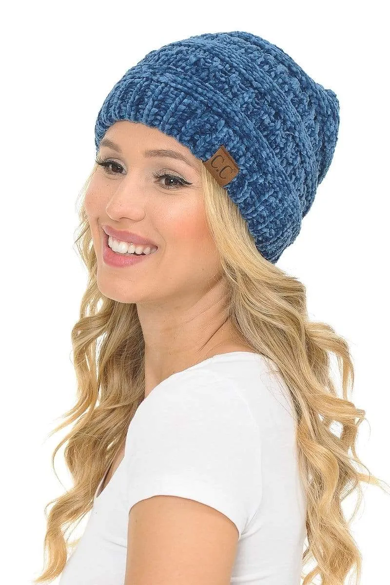 C.C Hat 30 - Chenille Textured Soft Stretchy Warm Thick Cap Hat Cable Knit Beanie