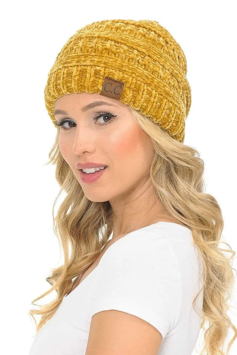 C.C Hat 30 - Chenille Textured Soft Stretchy Warm Thick Cap Hat Cable Knit Beanie