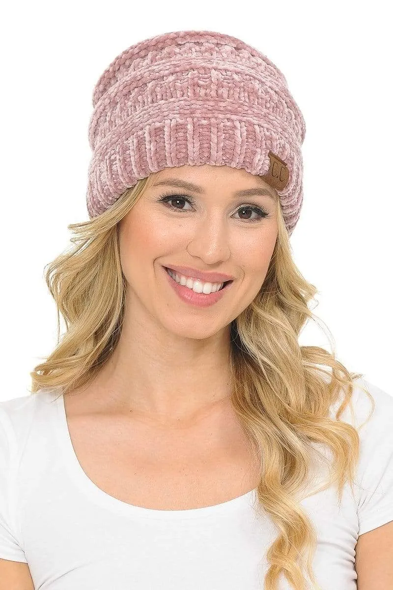 C.C Hat 30 - Chenille Textured Soft Stretchy Warm Thick Cap Hat Cable Knit Beanie