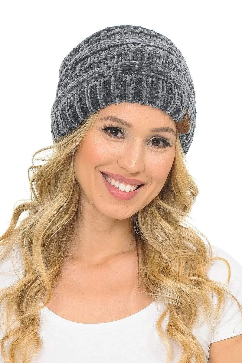 C.C Hat 30 - Chenille Textured Soft Stretchy Warm Thick Cap Hat Cable Knit Beanie