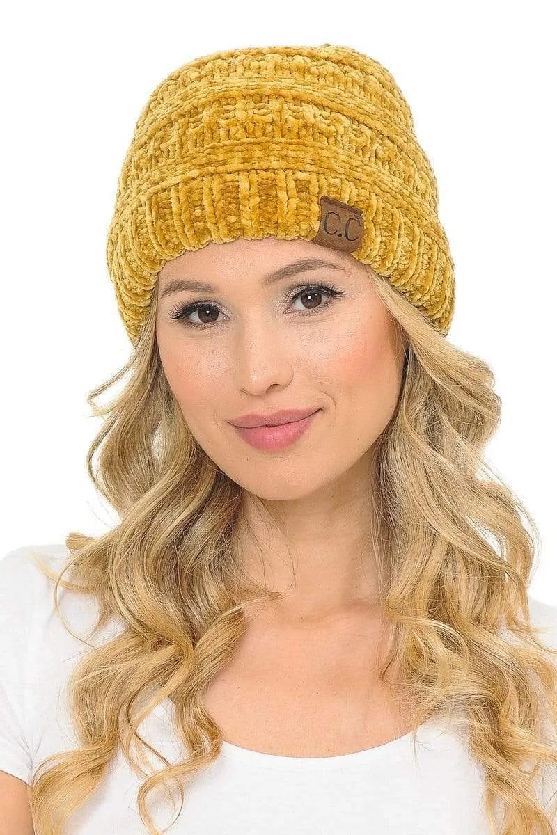 C.C Hat 30 - Chenille Textured Soft Stretchy Warm Thick Cap Hat Cable Knit Beanie