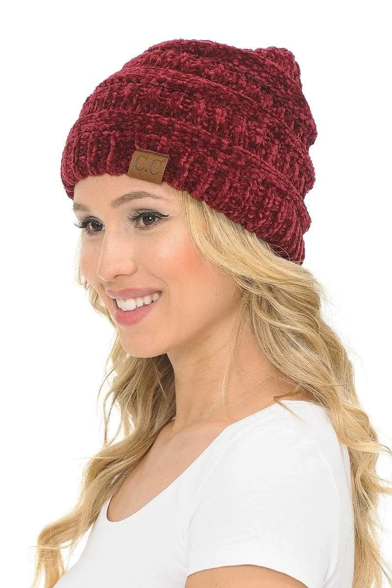 C.C Hat 30 - Chenille Textured Soft Stretchy Warm Thick Cap Hat Cable Knit Beanie