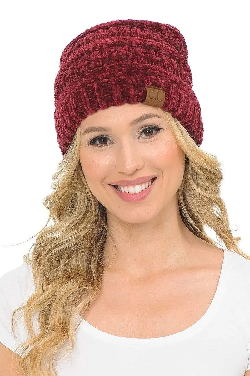 C.C Hat 30 - Chenille Textured Soft Stretchy Warm Thick Cap Hat Cable Knit Beanie