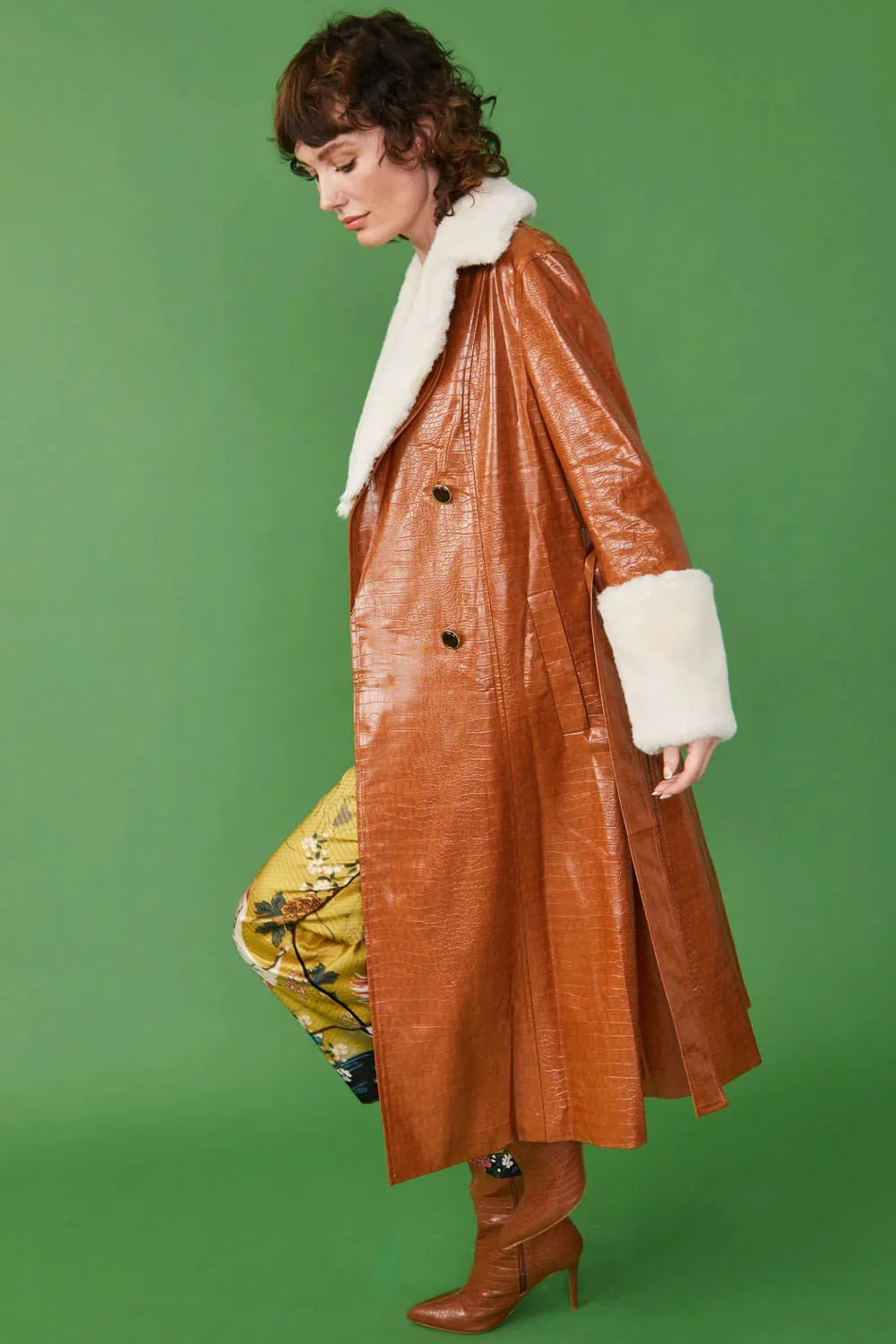 Choocolate Faux Leather Maxi Coat with Fur Cuffs and Collar