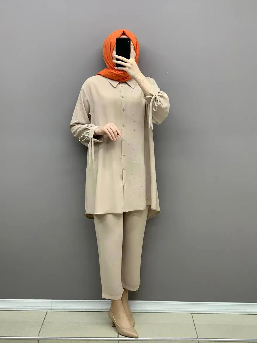 crepe tunic stone detail pants takim