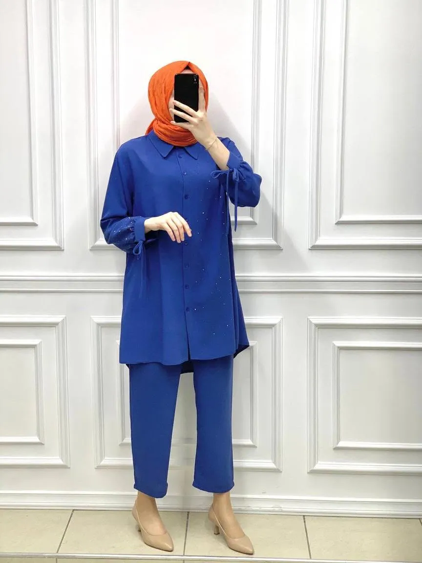 crepe tunic stone detail pants takim