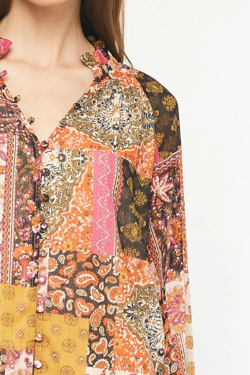 Daphne Patchwork Print Chiffon Long-sleeve Top