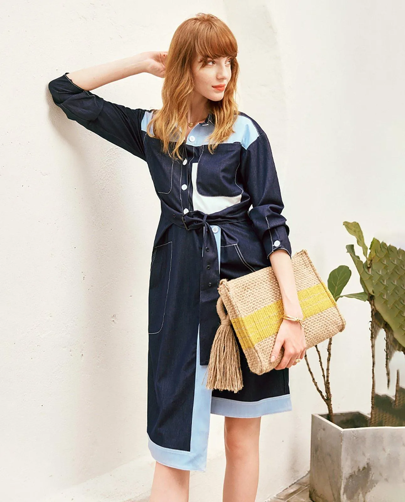 Denim Patchwork Belted High Low Shirtdress