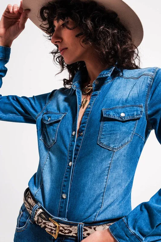 DENIM SHIRT IN MID WASH BLUE