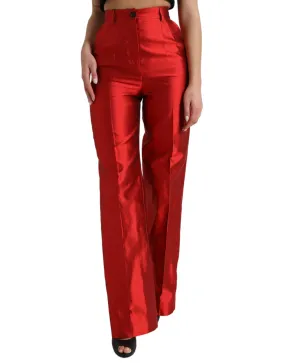 Dolce & Gabbana Red Satin Silk High Waist Wide Leg Pants