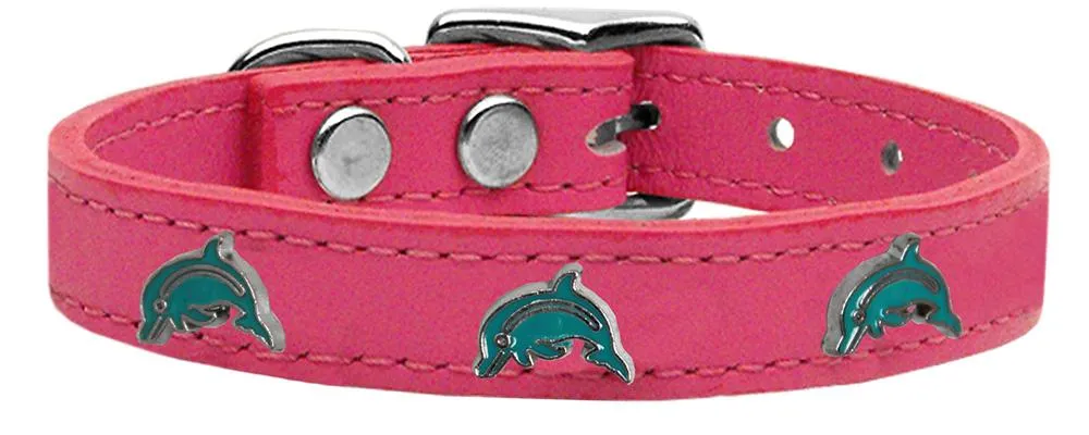 Dolphin Widget Genuine Leather Dog Collar Pink 14