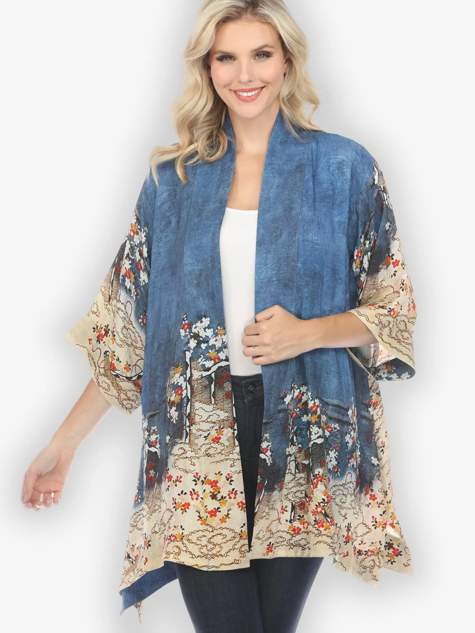 Edo Art Indigo Silk Blend Kimono Jacket