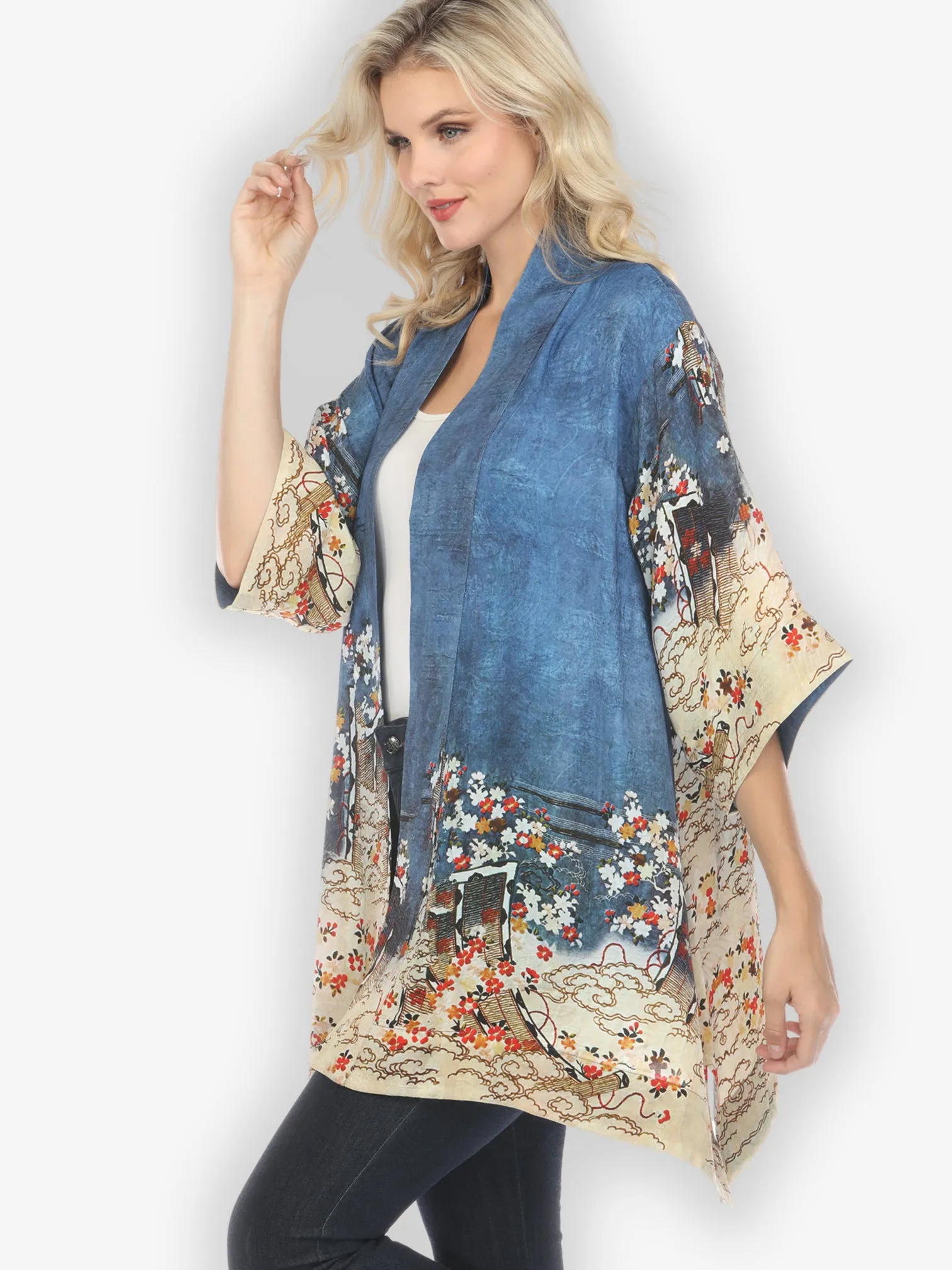 Edo Art Indigo Silk Blend Kimono Jacket