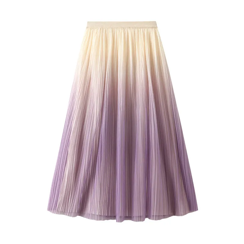 Elegant Gradient Color Pleated Long Skirt High Waist A-Line Skirt 741