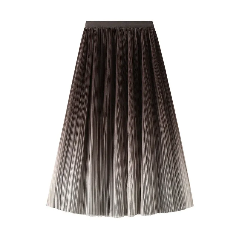 Elegant Gradient Color Pleated Long Skirt High Waist A-Line Skirt 741